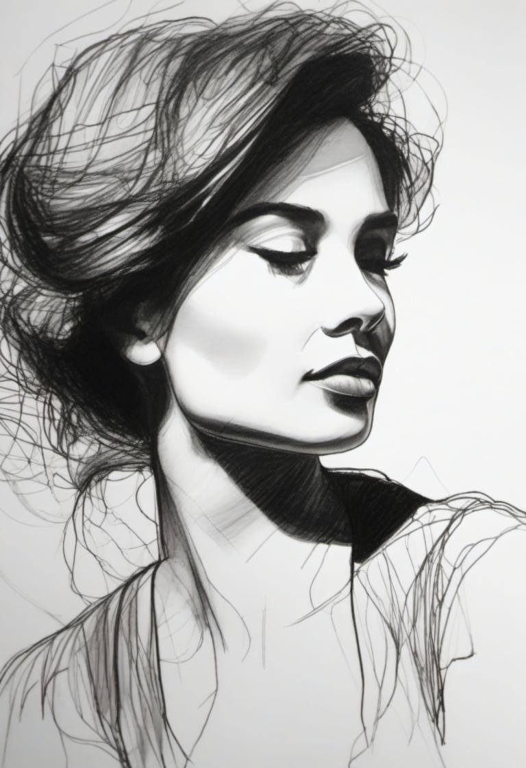 Sketch,Sketch, People, woman, solo, monochrome, greyscale, 1girl, sketch, closed eyes, realistic, lips