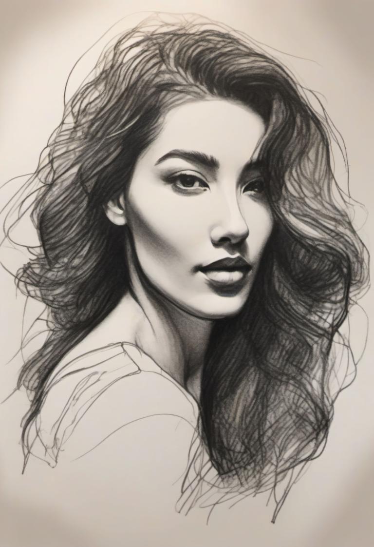 Sketch,Sketch, People, woman, solo, monochrome, 1girl, long hair, greyscale, looking at viewer, realistic