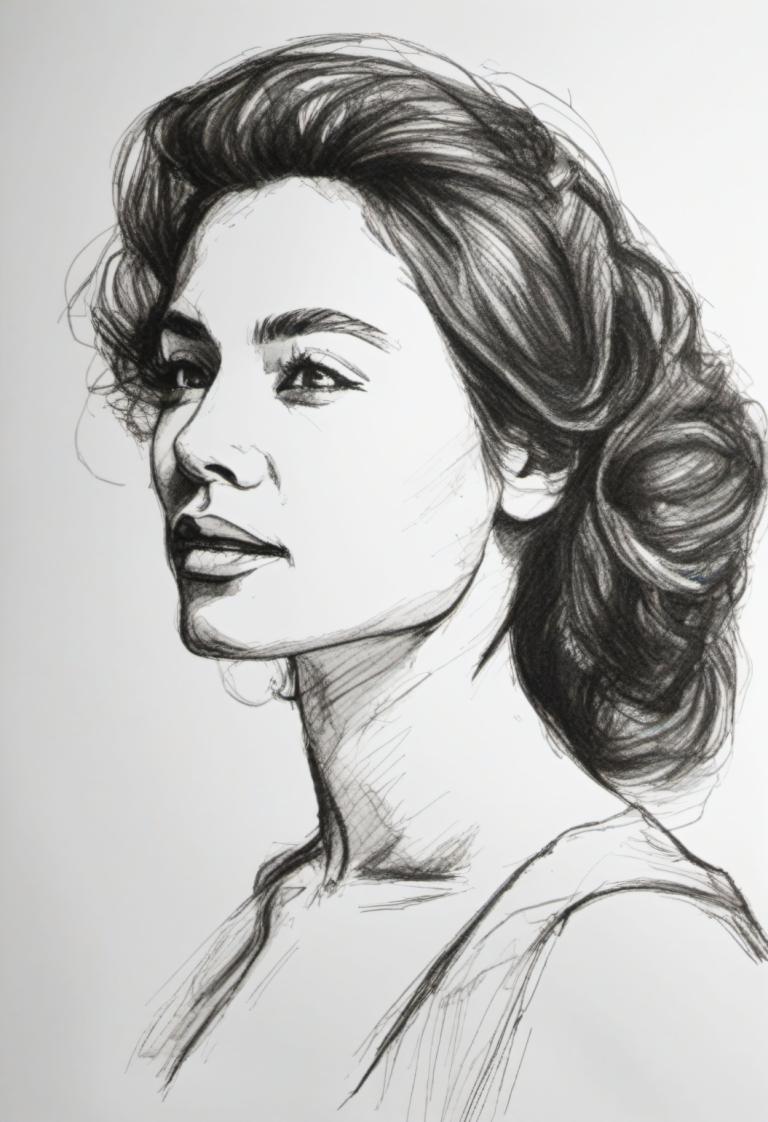 Sketch,Sketch, People, woman, 1girl, monochrome, solo, greyscale, sketch, portrait, traditional media