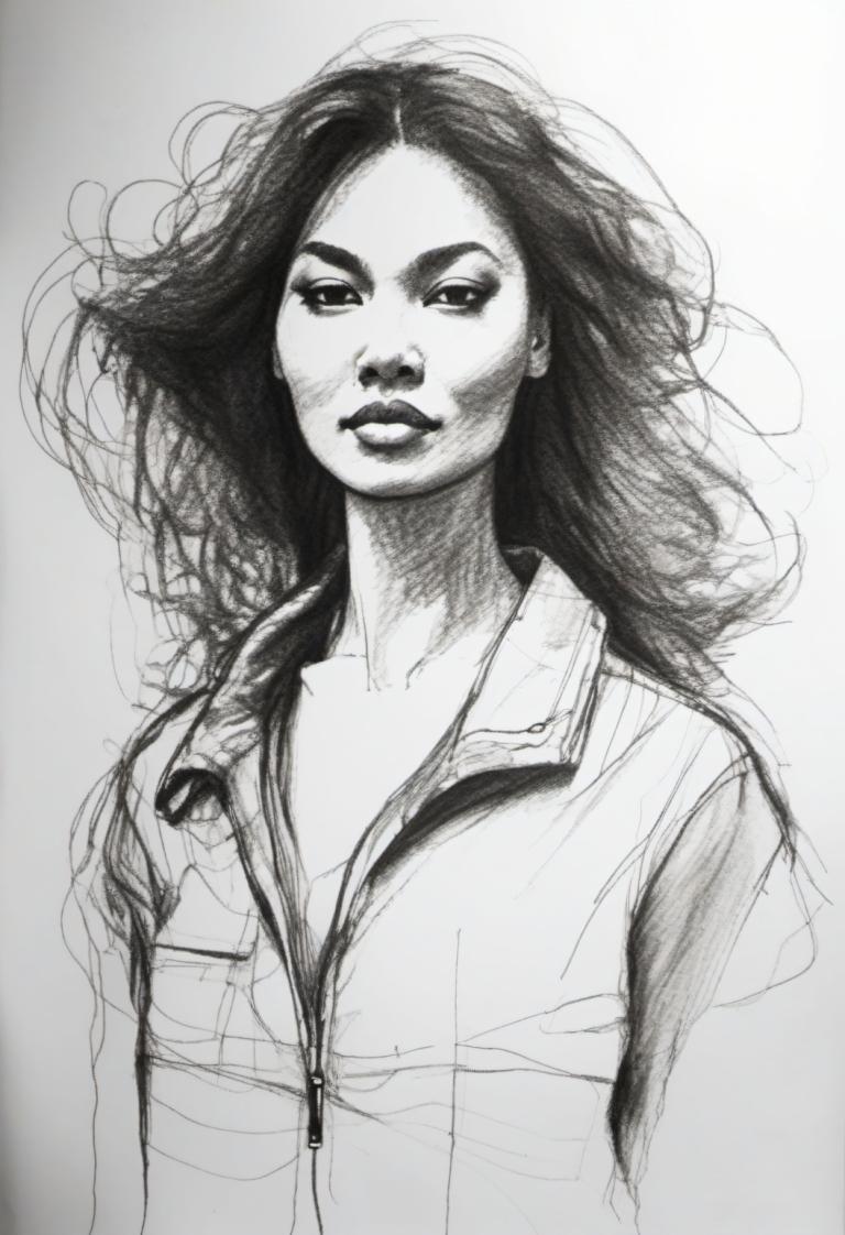 Sketch,Sketch, People, woman, 1girl, solo, monochrome, greyscale, sketch, long hair, realistic, messy hair