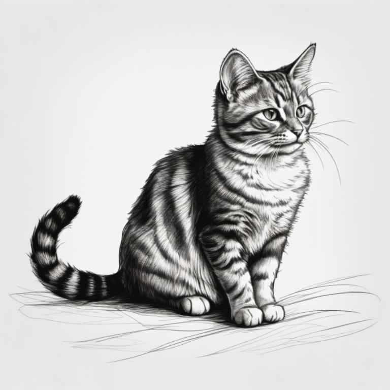 Sketch,Sketch, Animal, cat, no humans, greyscale, monochrome, animal focus, cat, white background