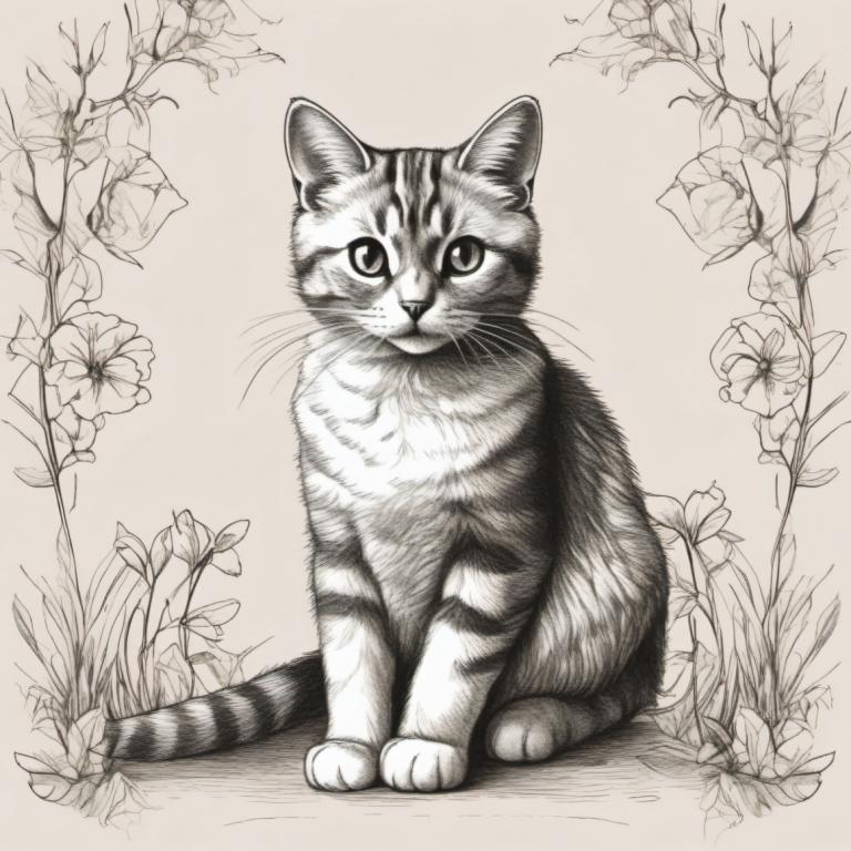 Sketch,Sketch, Animal, cat, no humans, animal focus, monochrome, flower, greyscale, cat, sitting