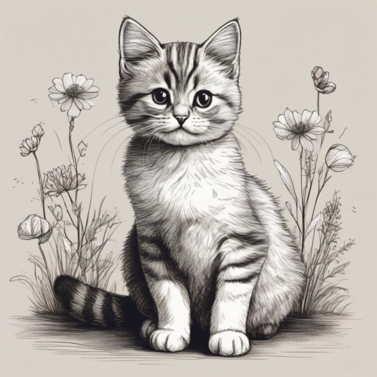 Sketch,Sketch, Animal, cat, no humans, flower, animal focus, monochrome, greyscale, sitting