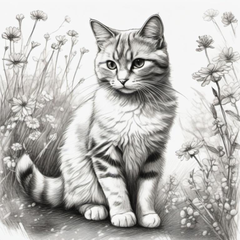 Sketch,Sketch, Animal, cat, no humans, monochrome, flower, greyscale, animal focus, cat, realistic