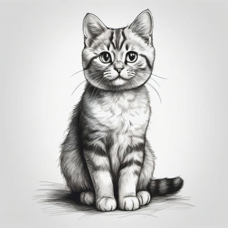 Sketch,Sketch, Animal, cat, no humans, greyscale, monochrome, animal focus, cat, white background, sitting