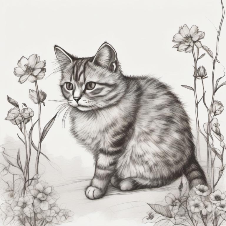 Sketch,Sketch, Animal, cat, no humans, flower, animal focus, monochrome, cat, realistic, whiskers