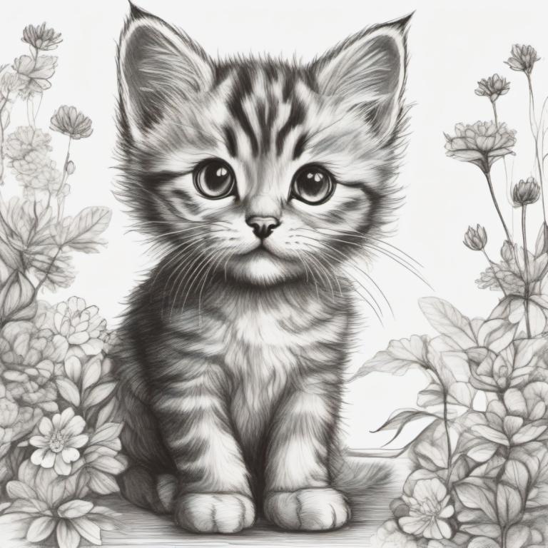 Sketch,Sketch, Animal, cat, no humans, monochrome, flower, animal focus, greyscale, traditional media, cat