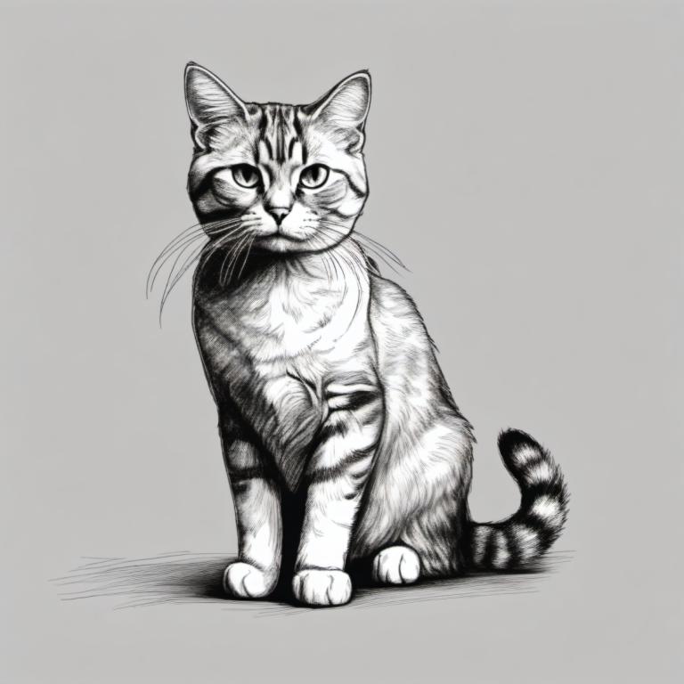 Sketch,Sketch, Animal, cat, no humans, greyscale, monochrome, animal focus, cat, simple background