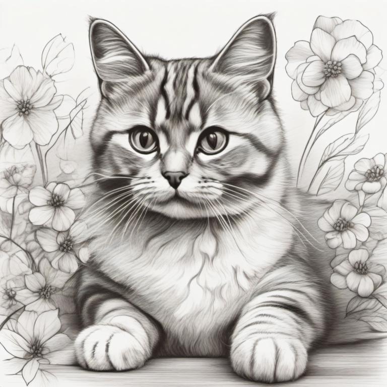 Sketch,Sketch, Animal, cat, no humans, flower, monochrome, animal focus, greyscale, cat, traditional media