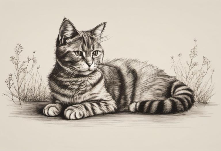 Sketch,Sketch, Animal, cat, no humans, animal focus, cat, monochrome, lying, flower, whiskers, on side