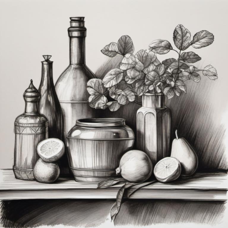 Sketch,Sketch, Still life, still life, no humans, fruit, monochrome, food, greyscale, leaf, traditional media