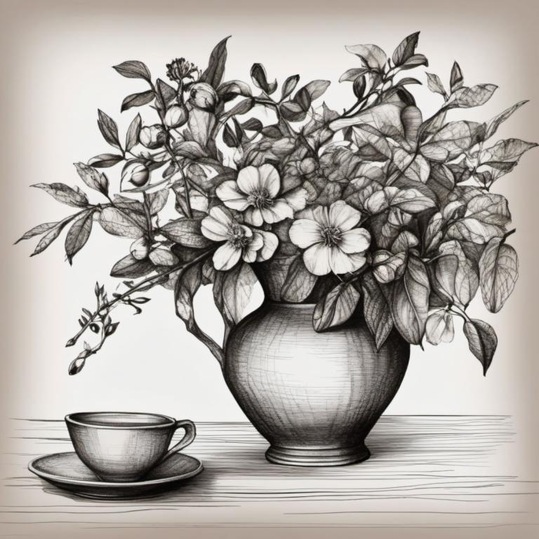 Bosquejo,Bosquejo, Naturaleza muerta, naturaleza muerta, no humanos, flor, taza, monocromo, taza para té