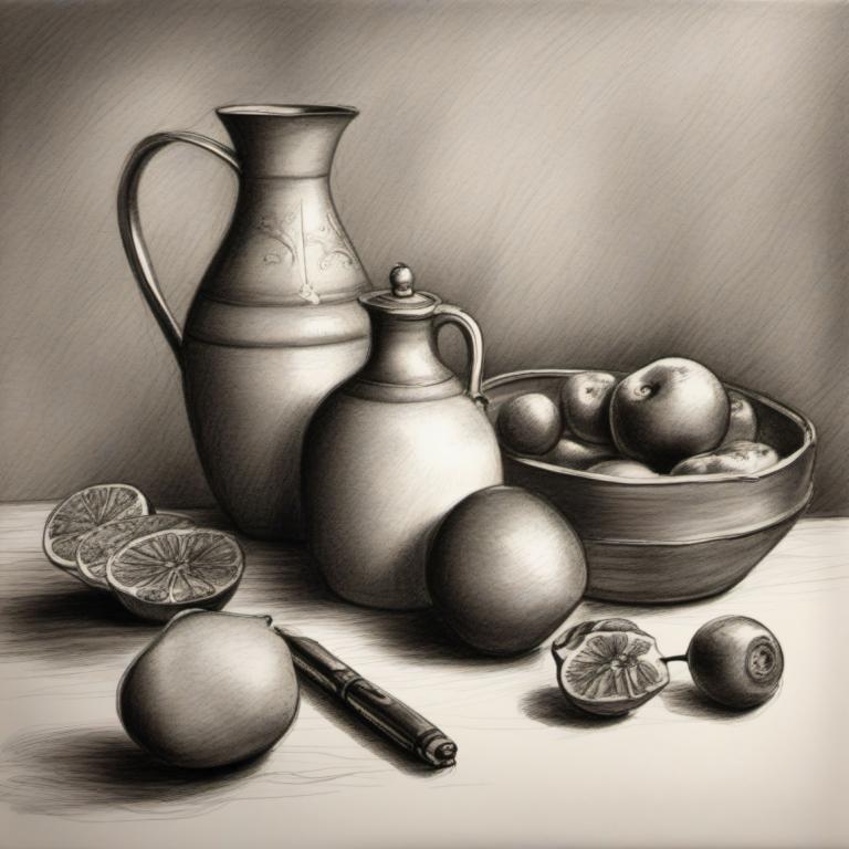 Sketch,Sketch, Still life, still life, fruit, food, no humans, monochrome, traditional media, bowl