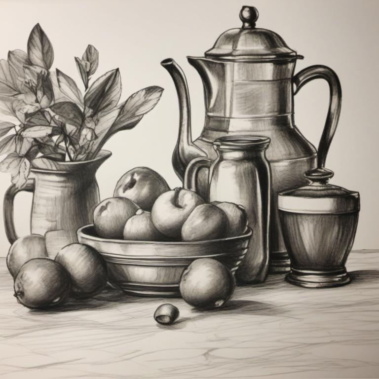 Schetsen,Schetsen, Stilleven, stilleven, geen mensen, fruit, voedsel, monochroom, traditionele media, appel