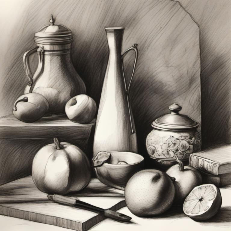 Sketch,Sketch, Still life, still life, fruit, food, no humans, monochrome, traditional media, food focus