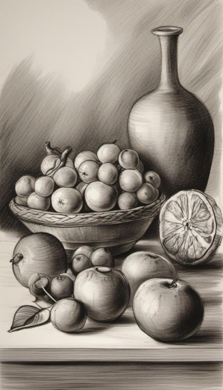 Schizzo,Schizzo, Natura morta, natura morta, frutta, cibo, nessun essere umano, monocromo, mela, uva