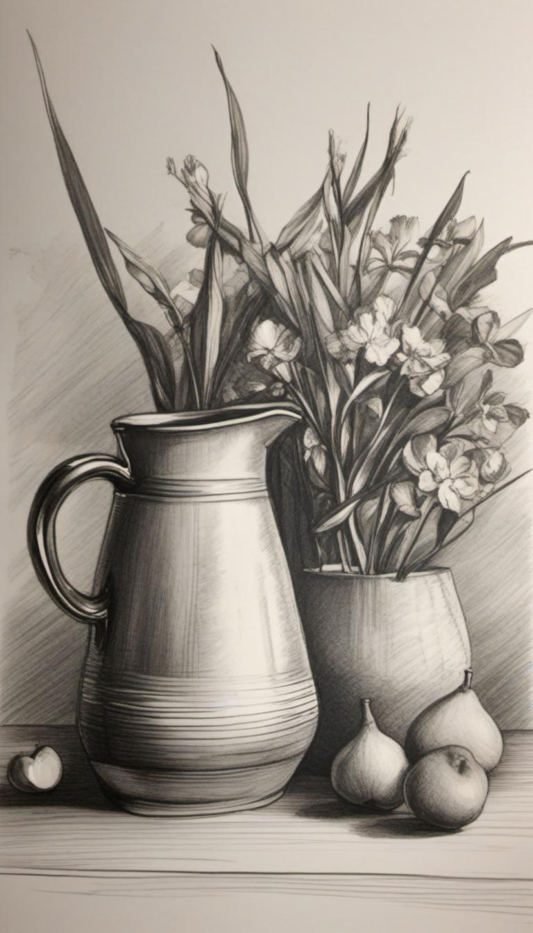 Sketch,Sketch, Still life, still life, no humans, fruit, food, flower, monochrome, teapot, cup, plant, apple