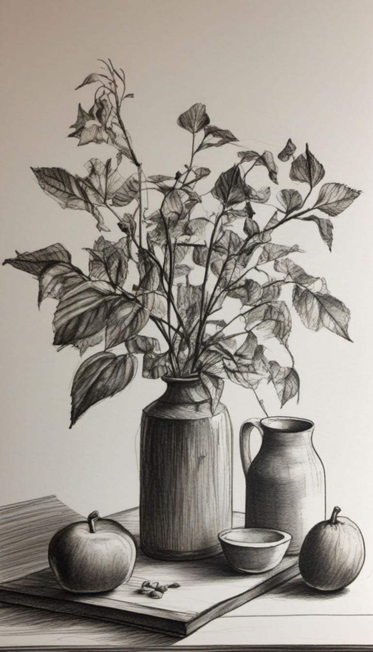 Sketch,Sketch, Still life, still life, no humans, food, fruit, traditional media, monochrome, plant, cup