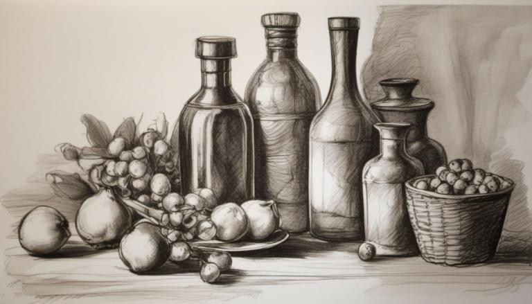 Sketch,Sketch, Still life, still life, fruit, no humans, food, monochrome, grapes, bottle, basket, food focus