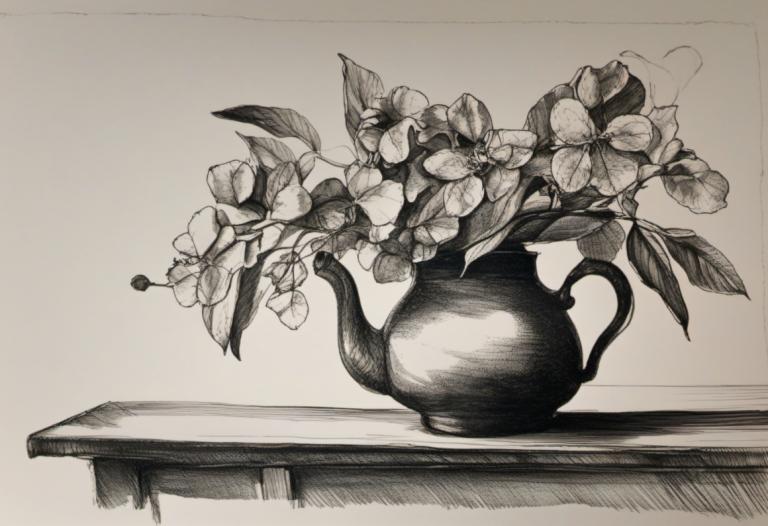 Sketch,Sketch, Still life, still life, no humans, traditional media, monochrome, flower, greyscale, table