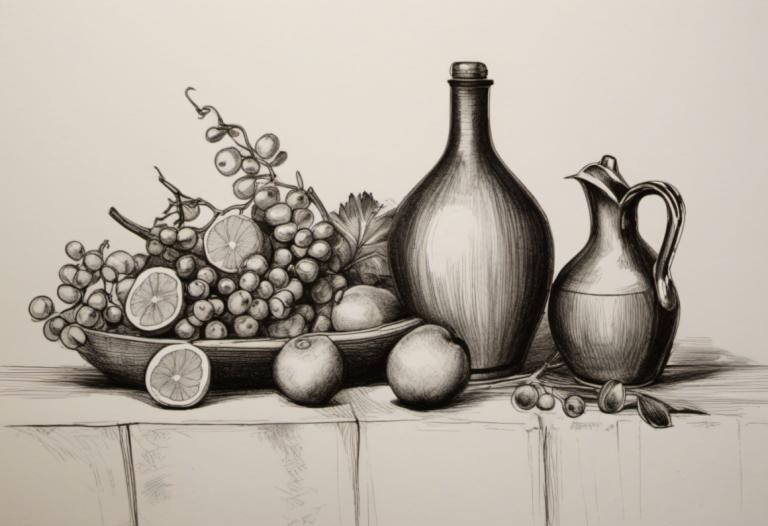 Sketch,Sketch, Still life, still life, fruit, food, no humans, grapes, monochrome, lemon, traditional media