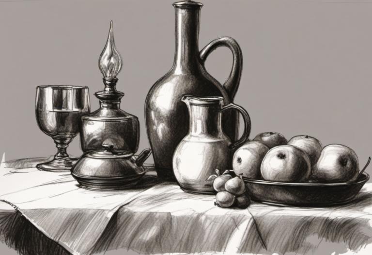 Sketch,Sketch, Still life, still life, fruit, no humans, food, monochrome, teapot, cup, table, candle