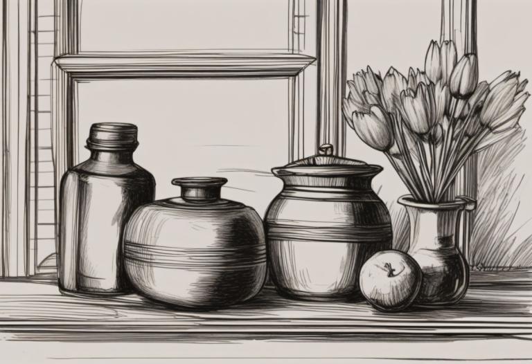 Sketch,Sketch, Still life, still life, vase, monochrome, flower, no humans, plant, greyscale, window, indoors