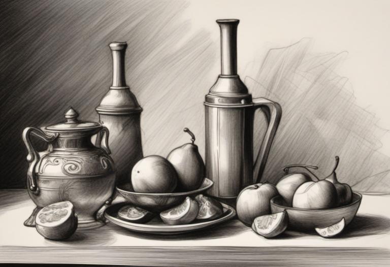 Sketch,Sketch, Still life, still life, no humans, fruit, food, monochrome, teapot, bowl, greyscale, kettle