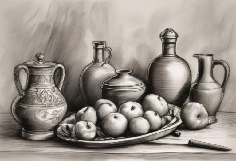 Sketch,Sketch, Still life, still life, food, fruit, no humans, teapot, monochrome, food focus, apple, cup