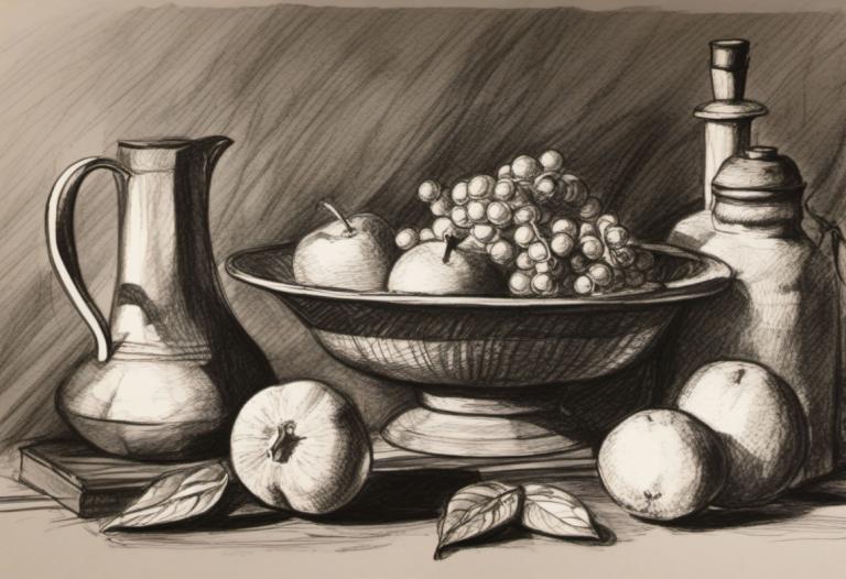 Sketch,Sketch, Still life, still life, fruit, food, monochrome, no humans, grapes, apple, leaf, food focus