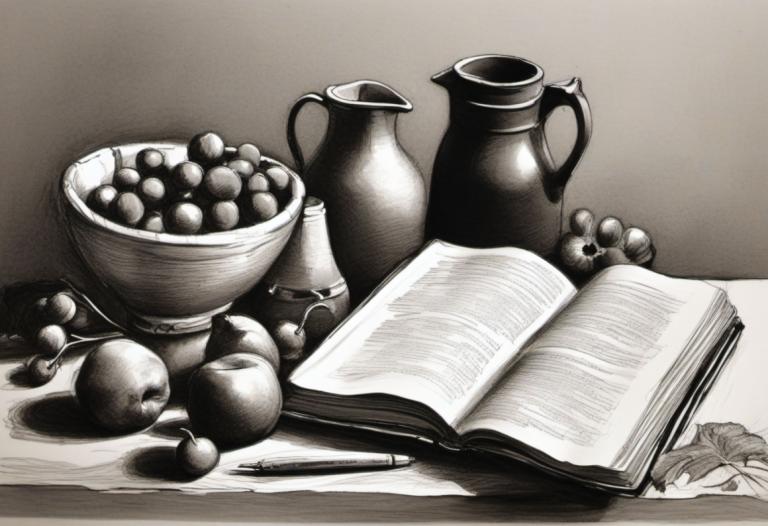 Sketch,Sketch, Still life, still life, fruit, no humans, food, book, monochrome, open book, grapes, teapot