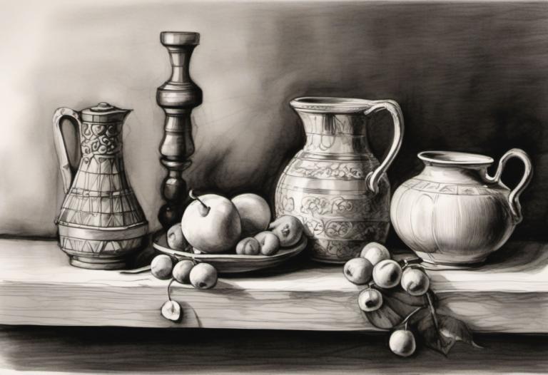 Sketch,Sketch, Still life, still life, fruit, food, no humans, monochrome, teapot, greyscale, food focus