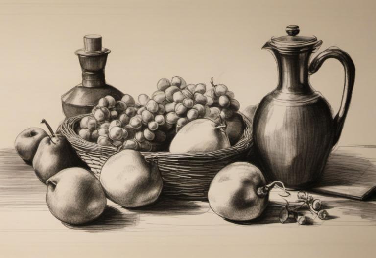 Sketch,Sketch, Still life, still life, fruit, food, no humans, apple, basket, monochrome, traditional media