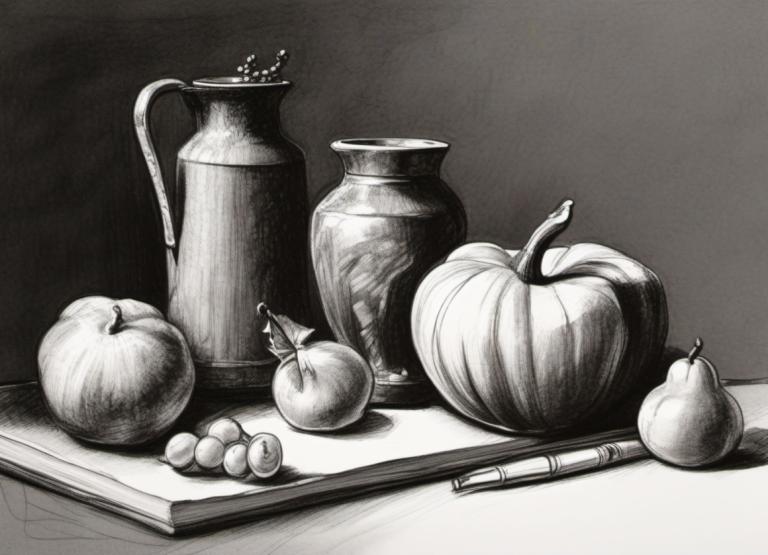 Sketch,Sketch, Still life, still life, monochrome, food, greyscale, no humans, pumpkin, fruit