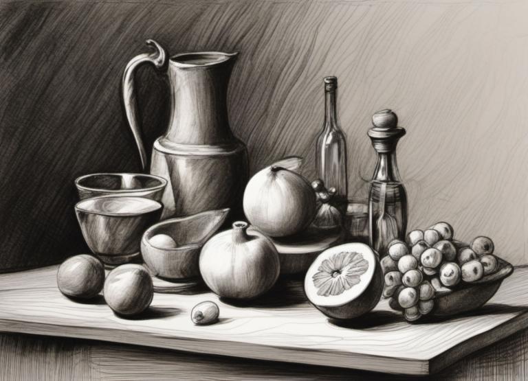 Sketch,Sketch, Still life, still life, fruit, food, no humans, monochrome, traditional media, food focus