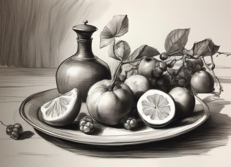 Sketch,Sketch, Still life, still life, food, fruit, no humans, food focus, monochrome, leaf, still life