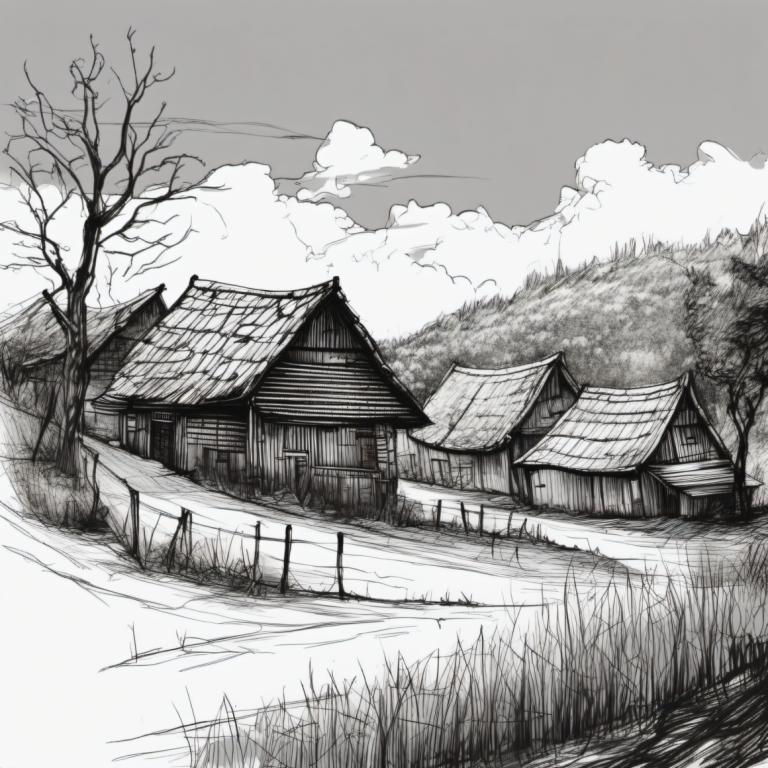 Sketch,Sketch, Village, village, no humans, monochrome, greyscale, tree, cloud, scenery, sky, outdoors, grass