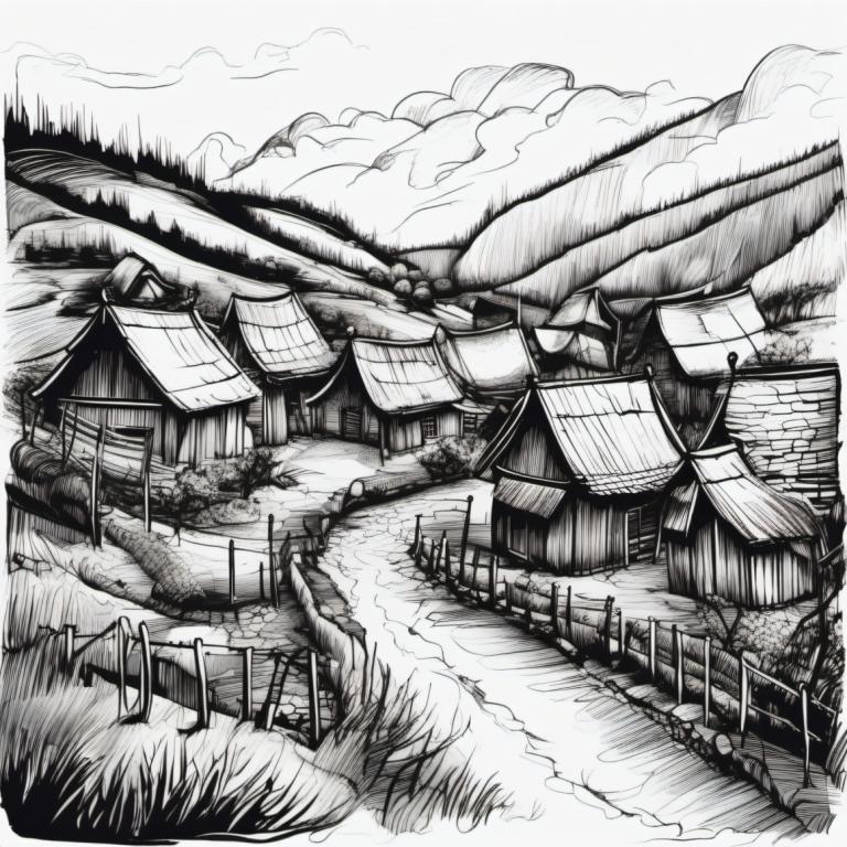 Sketch,Sketch, Village, village, monochrome, greyscale, scenery, no humans, grass, traditional media