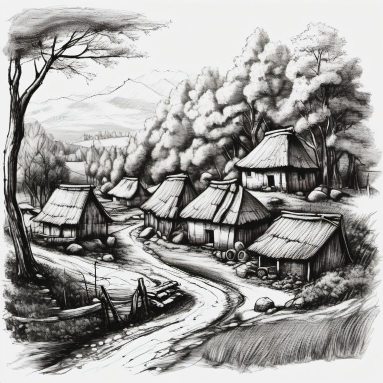 Sketch,Sketch, Village, village, monochrome, greyscale, tree, no humans, scenery, traditional media, outdoors