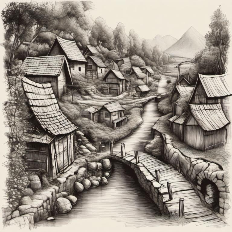 Sketch,Sketch, Village, village, no humans, monochrome, scenery, tree, house, traditional media, greyscale