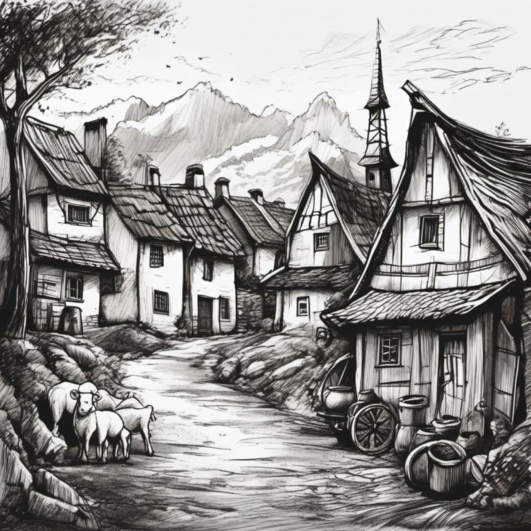 Sketch,Sketch, Village, village, monochrome, greyscale, no humans, scenery, house, tree, outdoors, mountain