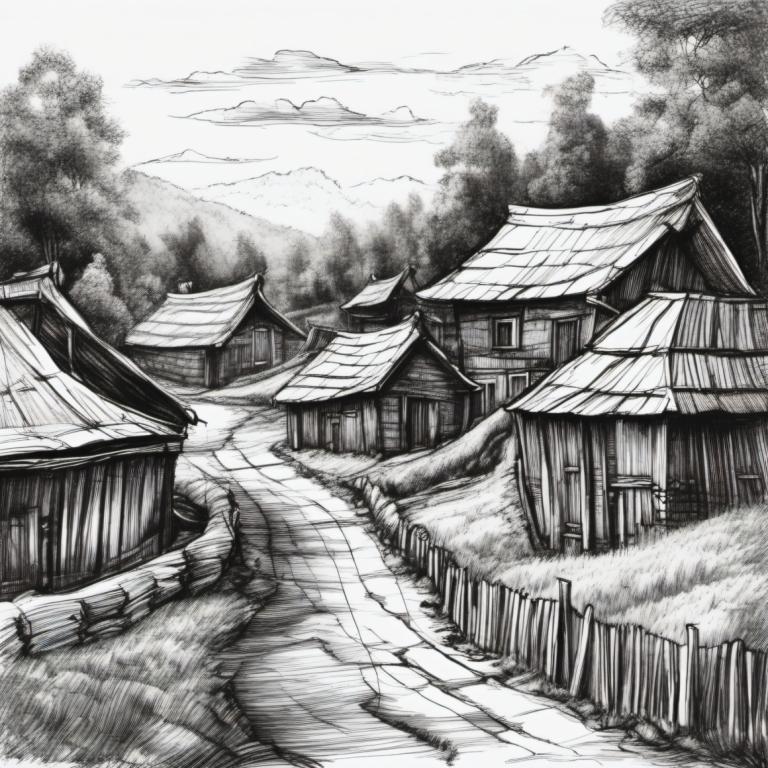 Sketch,Sketch, Village, village, monochrome, greyscale, no humans, east asian architecture, architecture