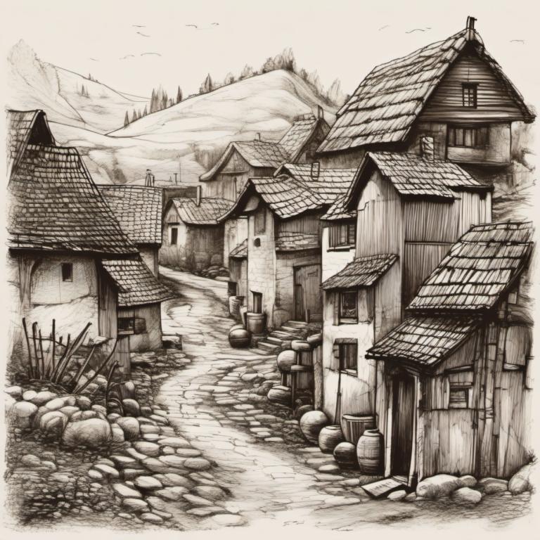 Sketch,Sketch, Village, village, no humans, scenery, monochrome, traditional media, house, greyscale