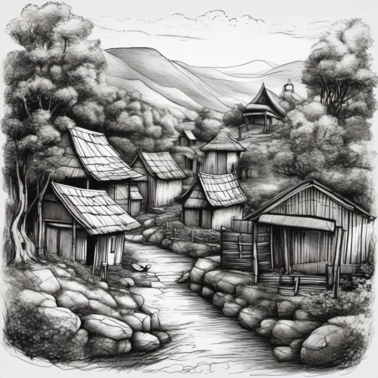 Sketch,Sketch, Village, village, monochrome, greyscale, tree, scenery, no humans, traditional media, house