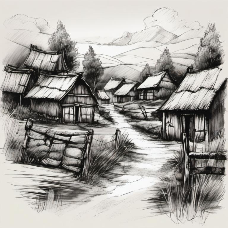 Sketch,Sketch, Village, village, monochrome, no humans, greyscale, scenery, traditional media, tree, mountain