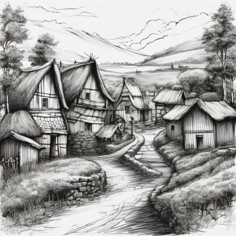 Sketch,Sketch, Village, village, monochrome, greyscale, scenery, house, tree, traditional media, outdoors