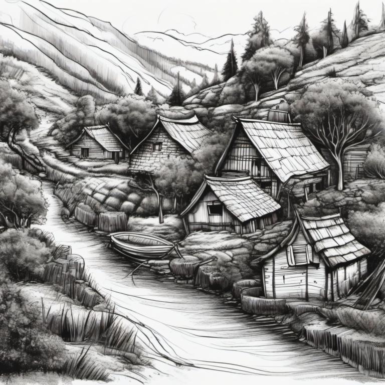 Sketch,Sketch, Village, village, no humans, monochrome, tree, greyscale, scenery, traditional media, river