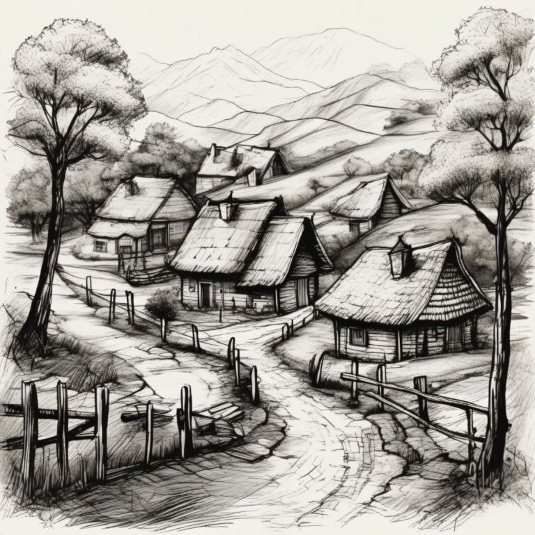 Sketch,Sketch, Village, village, no humans, monochrome, tree, scenery, traditional media, greyscale, house