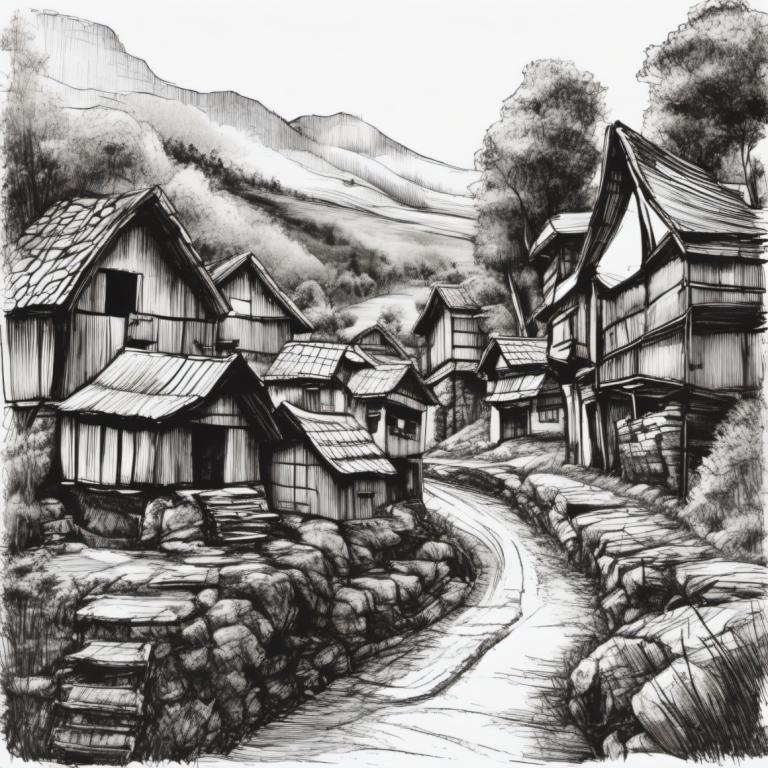 Sketch,Sketch, Village, village, no humans, monochrome, greyscale, scenery, traditional media, house