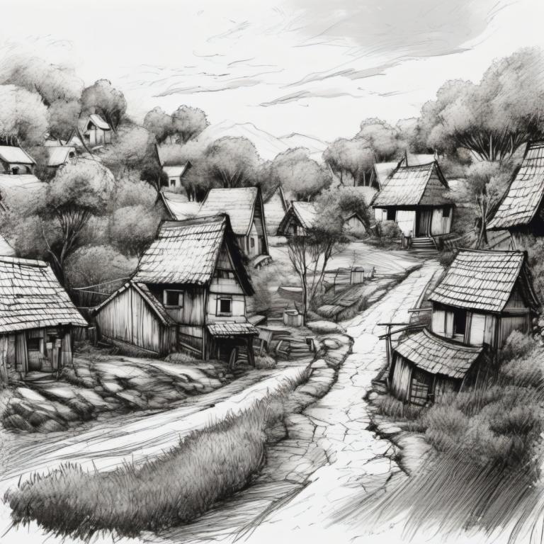 Sketch,Sketch, Village, village, no humans, monochrome, tree, greyscale, scenery, house, traditional media